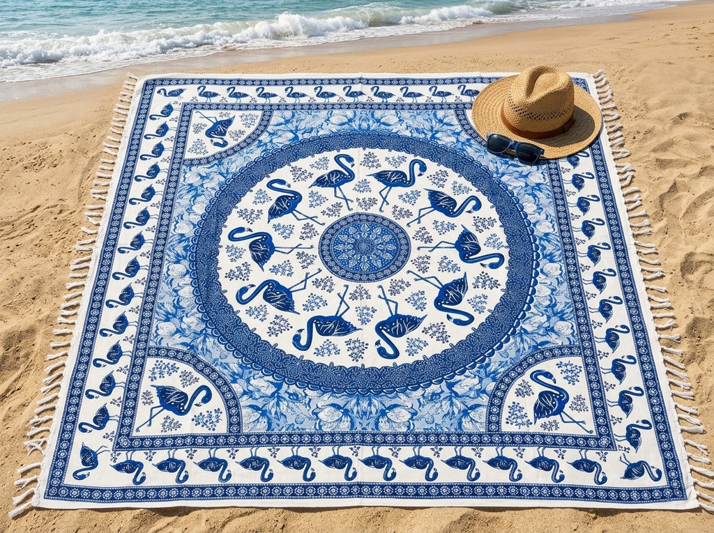 Manta Tapiz Flamencos Amatista Celestial – Algodón de India con Flecos (2.10 x 2.40 m)