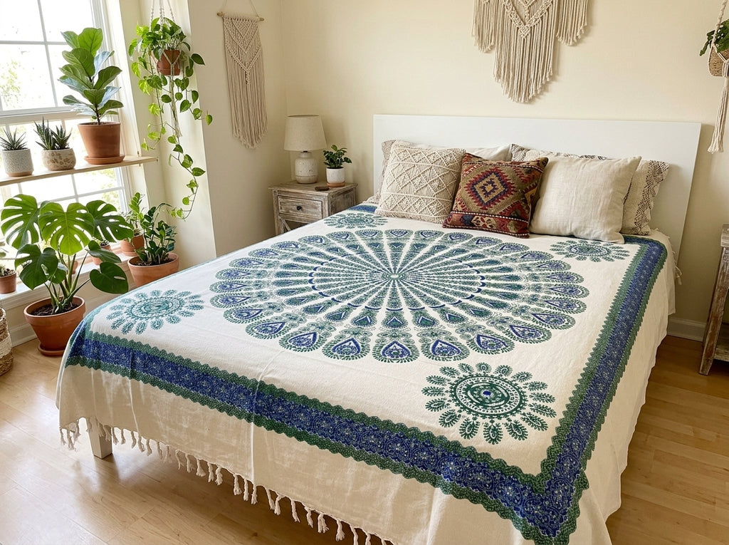 Manta Tapiz Mandala Plumas de Pavo Real Verde y Azul – Algodón de India con Flecos (2.10 x 2.40 m)