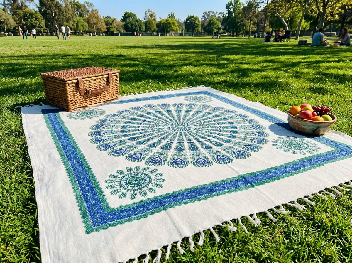 Manta Tapiz Mandala Plumas de Pavo Real Verde y Azul – Algodón de India con Flecos (2.10 x 2.40 m)