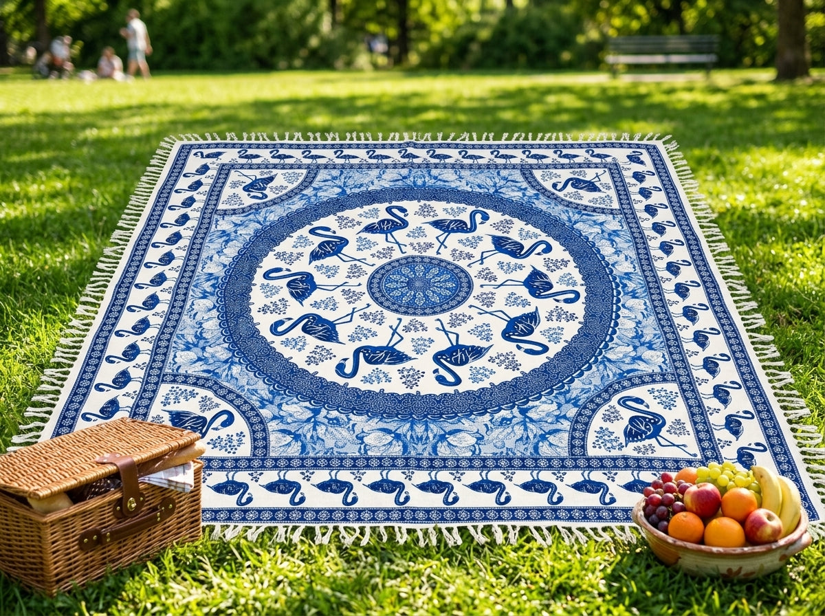 Manta Tapiz Flamencos Amatista Celestial – Algodón de India con Flecos (2.10 x 2.40 m)
