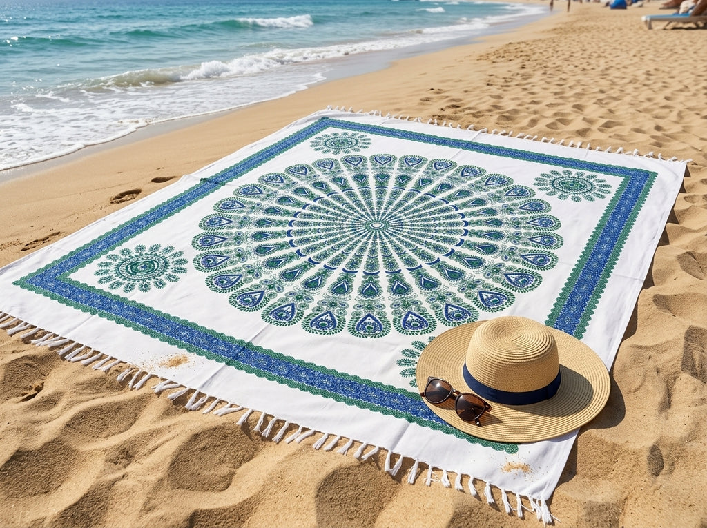 Manta Tapiz Mandala Plumas de Pavo Real Verde y Azul – Algodón de India con Flecos (2.10 x 2.40 m)