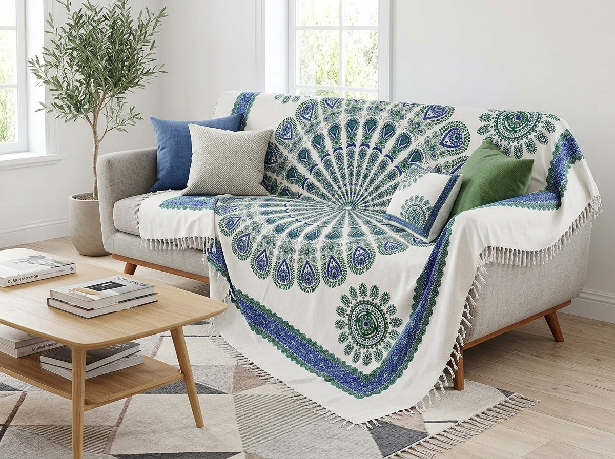 Manta Tapiz Mandala Plumas de Pavo Real Verde y Azul – Algodón de India con Flecos (2.10 x 2.40 m)