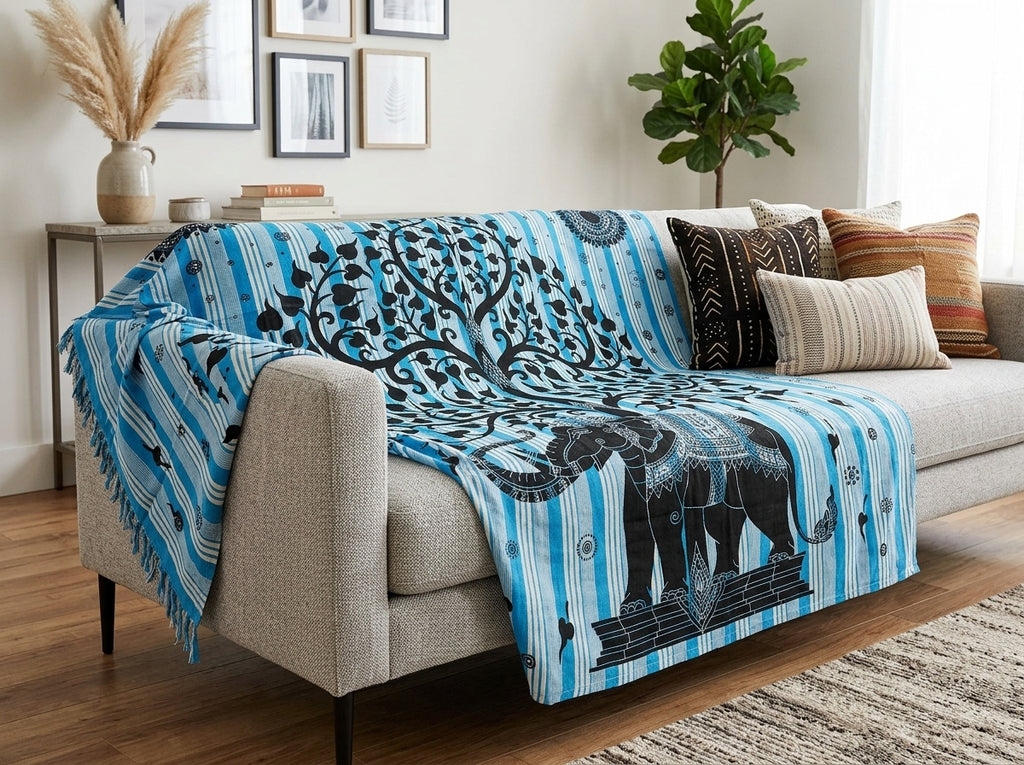 Manta Tapiz Elefante Sagrado y Árbol de la Vida Aria – Algodón de India (2.10 x 2.40 m)