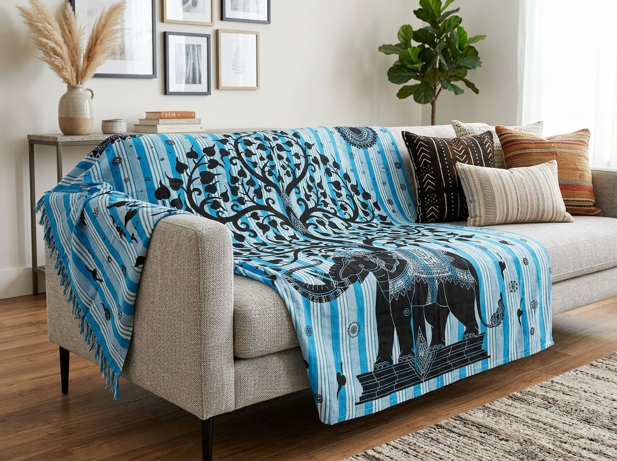 Manta Tapiz Elefante Sagrado y Árbol de la Vida Aria – Algodón de India (2.10 x 2.40 m)