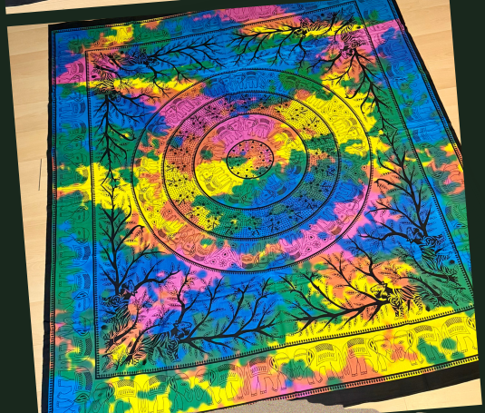 Tapiz Mandala Étnico de Algodón – Rama de Árbol, Tigres y Elefantes Tie-Dye (Multicolor)