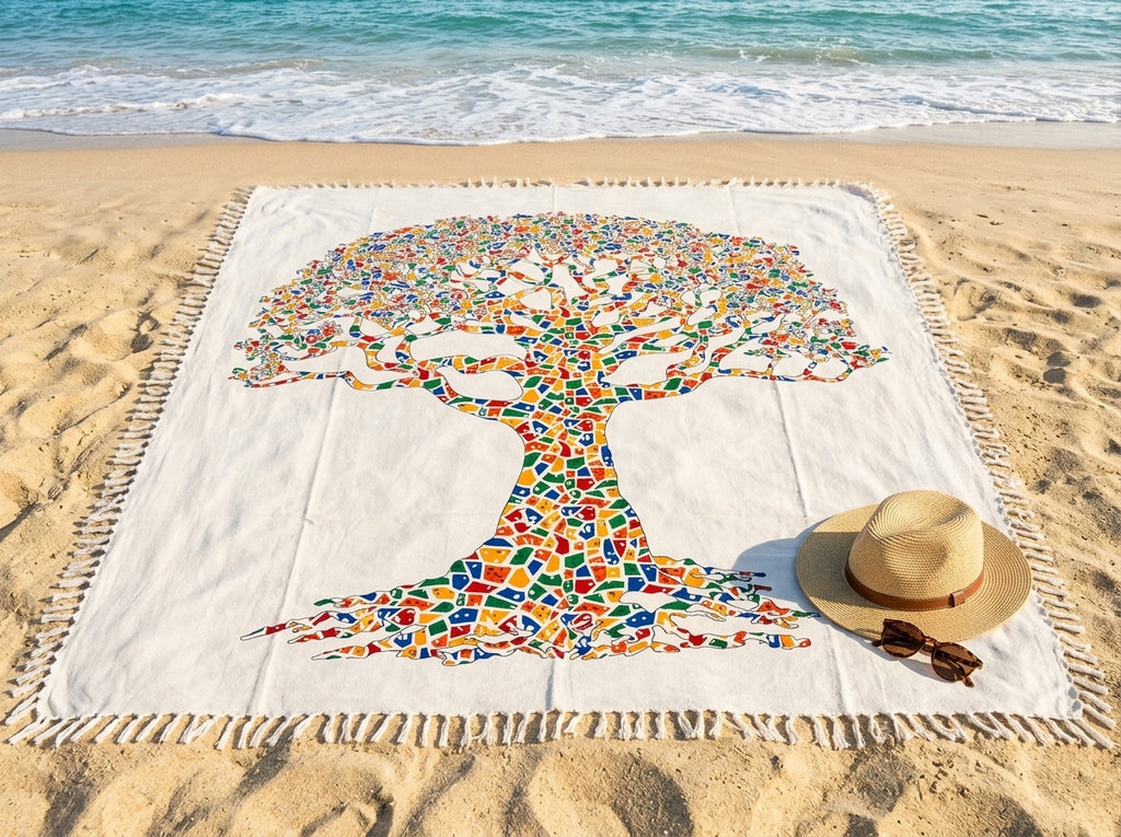 Manta Tapiz Árbol de la Vida Multicolor – Algodón de India con Flecos (2.10 x 2.40 m)