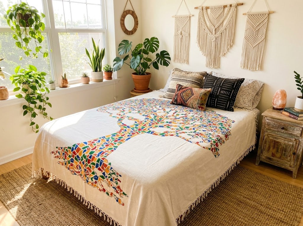Manta Tapiz Árbol de la Vida Multicolor – Algodón de India con Flecos (2.10 x 2.40 m)