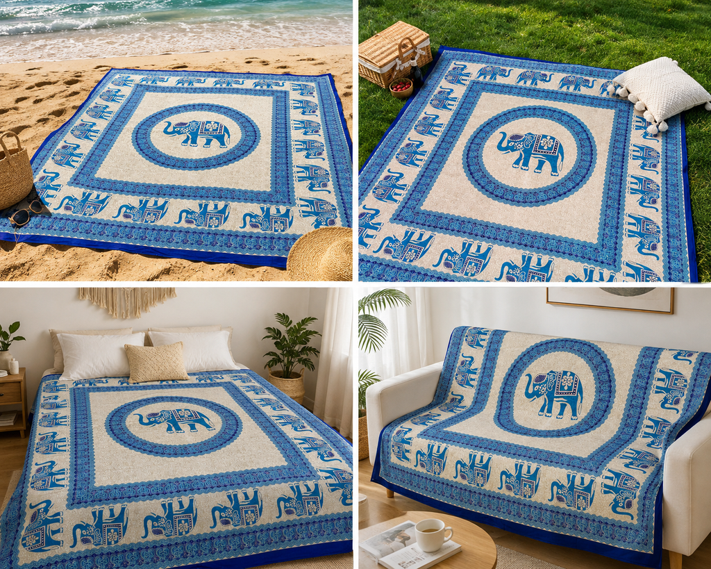 Tapiz Mandala Elefante Real – Manta Multiusos Étnica en Tonos Azul e Índigo (Algodón 100%)