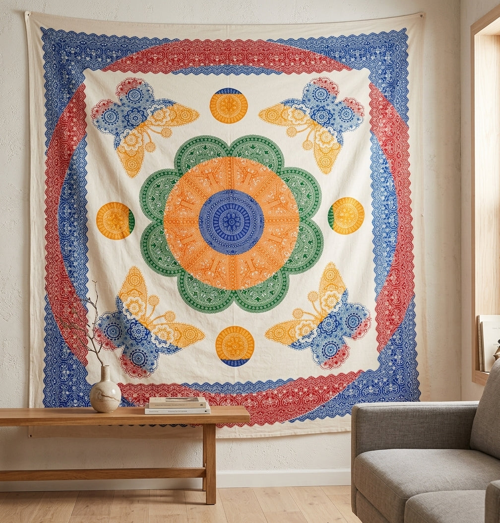 Tapiz / Manta Multiusos "KAVA" – Diseño Étnico Multicolor de Mariposas & Mandala Flor