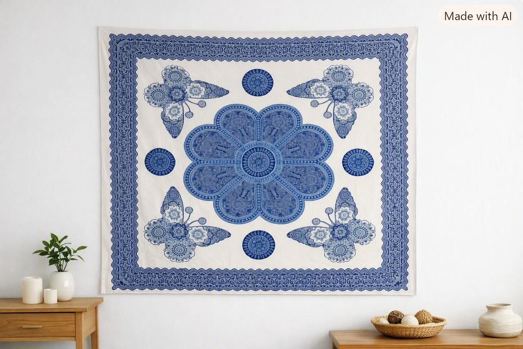 Tapiz / Manta Multiusos "ISHANI" – Diseño Étnico de Mariposas & Mandala Flor en Azul Índigo