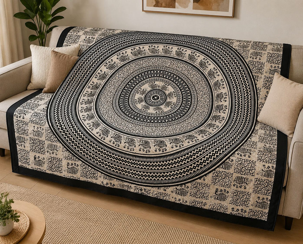 Tapiz / Manta Multiusos "PRANA"  – Mandala Tradicional Hindú y Elefantes en Blanco y Negro