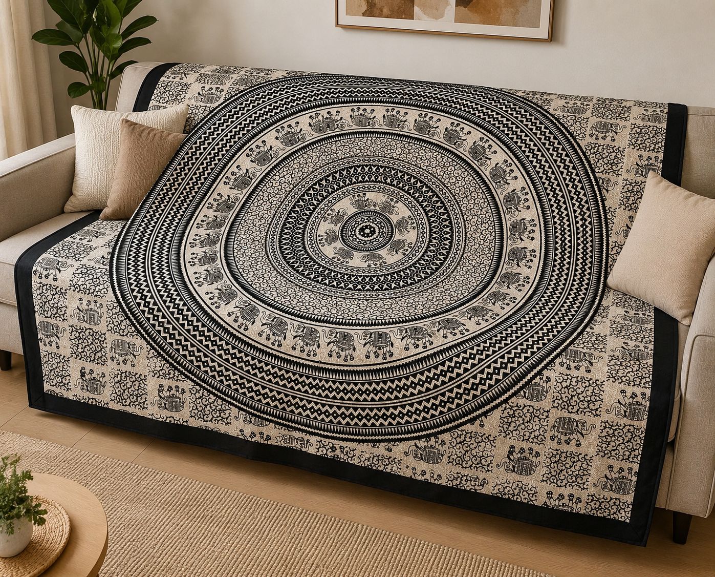Tapiz / Manta Multiusos "PRANA"  – Mandala Tradicional Hindú y Elefantes en Blanco y Negro