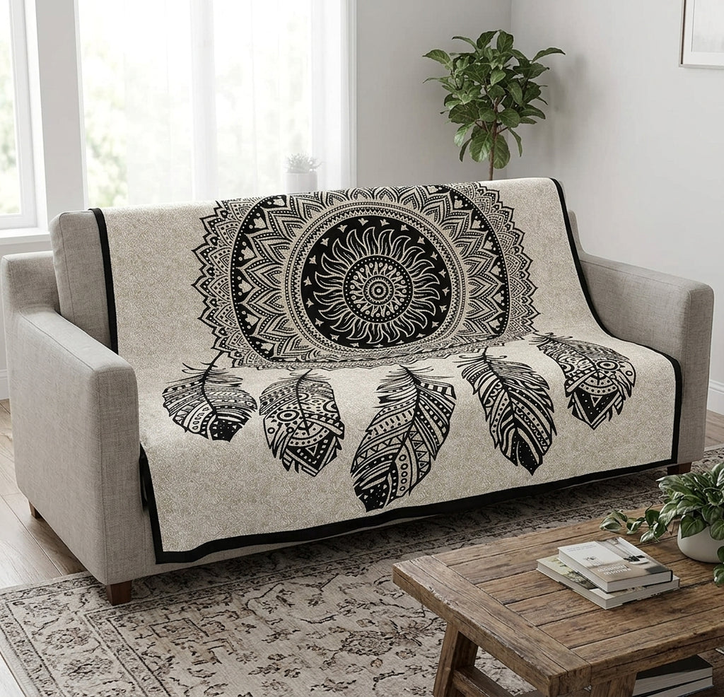 Tapiz / Manta Multiusos "SHANTI"– Atrapasueños Mandala y Plumas Étnicas en Blanco y Negro