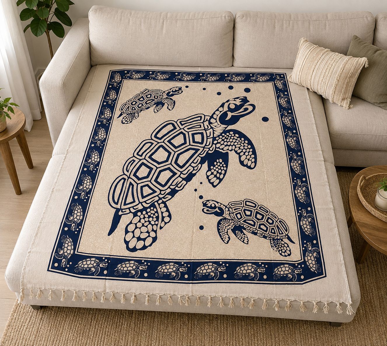 Tapiz / Manta Multiusos "KAI" – Familia de Tortugas Marinas con Flecos en Azul Marino