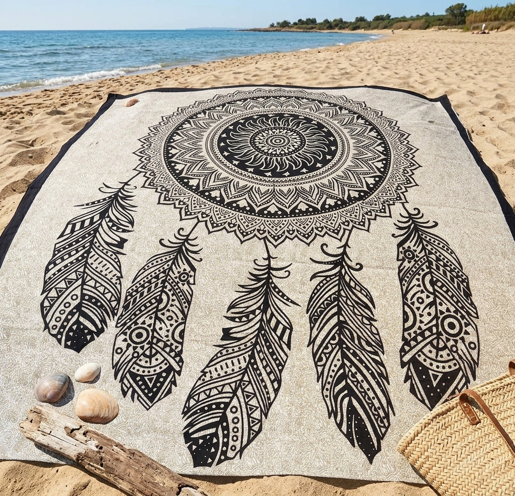 Tapiz / Manta Multiusos "SHANTI"– Atrapasueños Mandala y Plumas Étnicas en Blanco y Negro