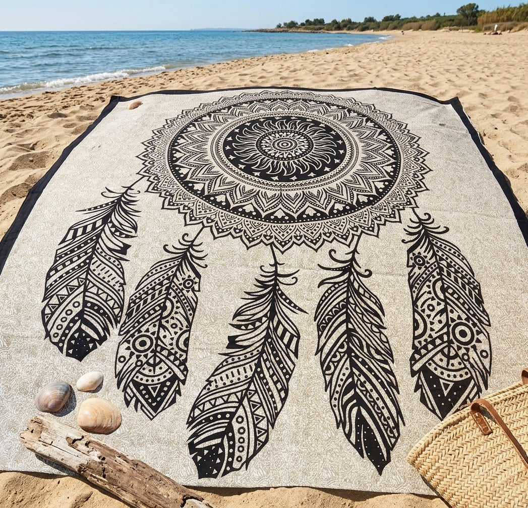 Tapiz / Manta Multiusos "SHANTI"– Atrapasueños Mandala y Plumas Étnicas en Blanco y Negro