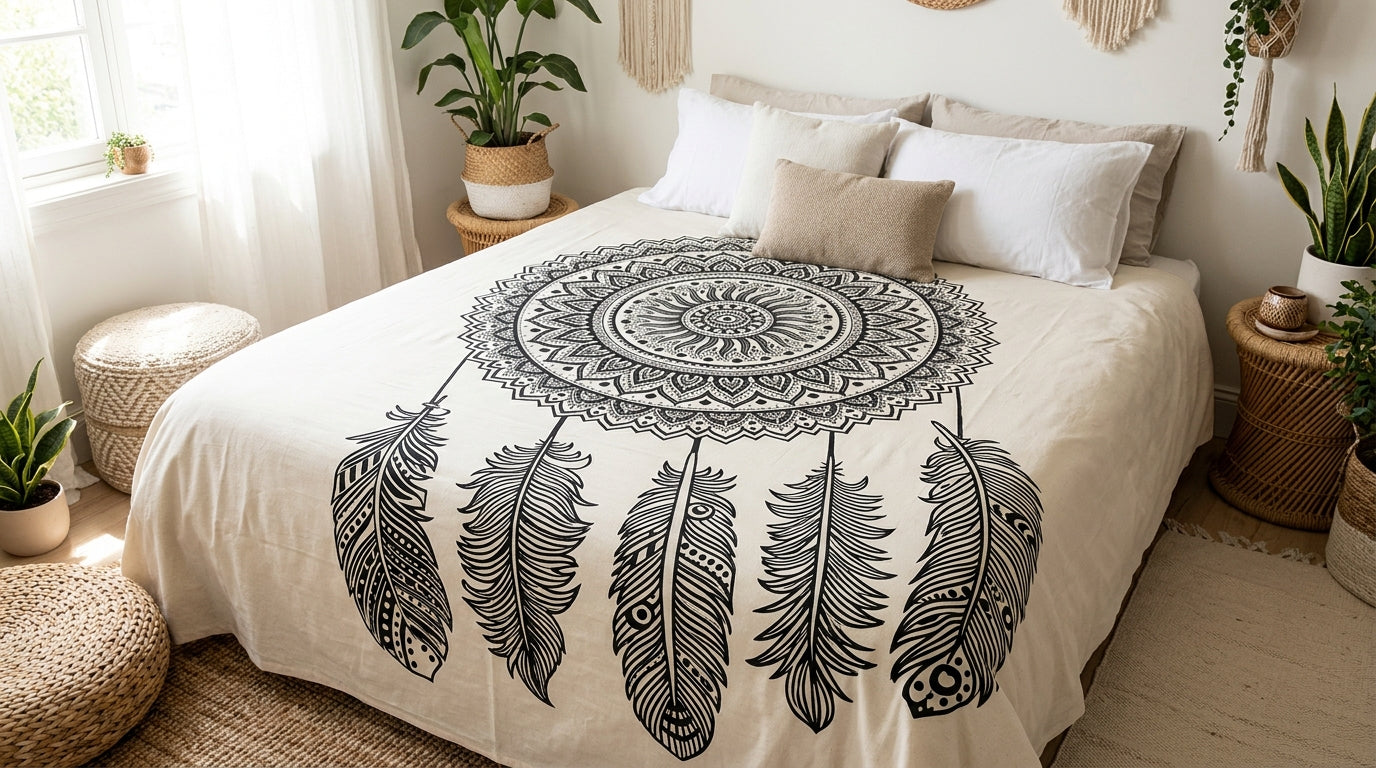 Tapiz / Manta Multiusos "SHANTI"– Atrapasueños Mandala y Plumas Étnicas en Blanco y Negro