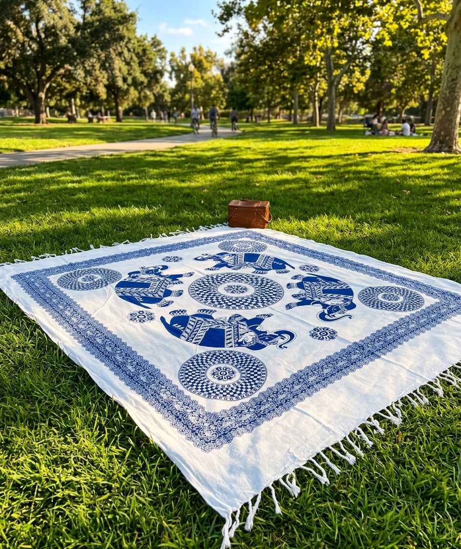 Mandala Elefantes Reales Devi – Mandala Gigante de Algodón de India con Flecos (2.10 x 2.40 m)