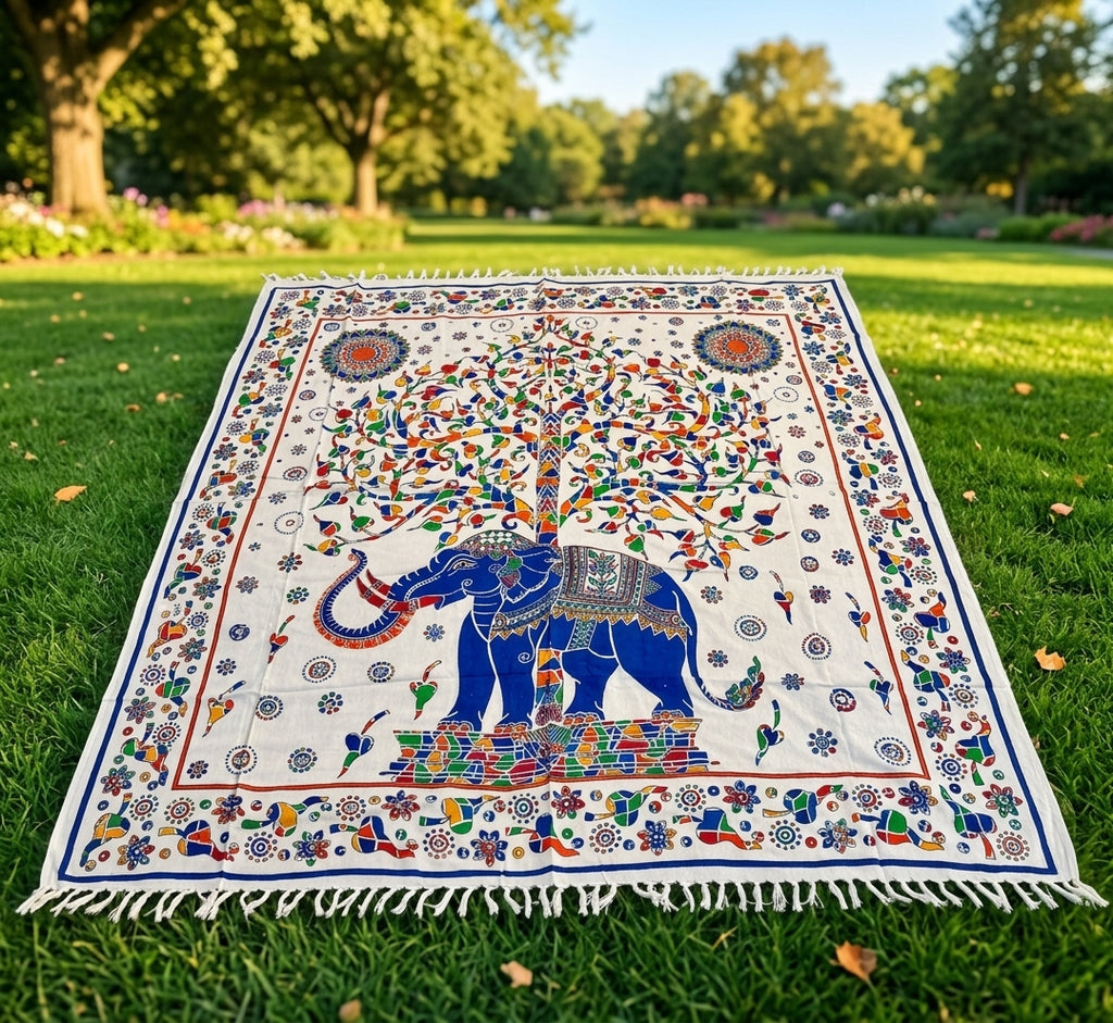 Manta / Tapiz Multiusos Étnico - Árbol de la Vida y Elefante Sagrado