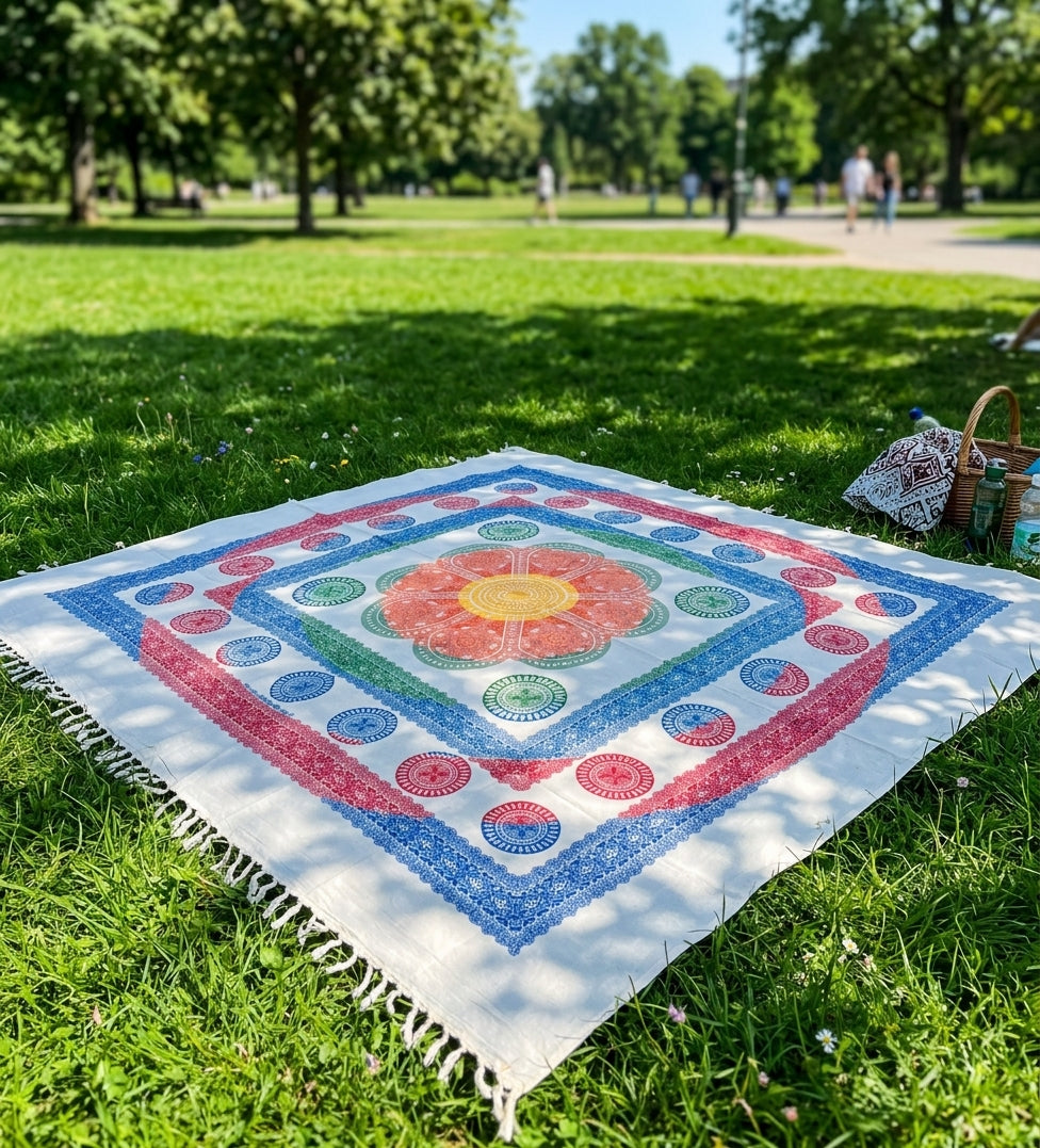 Tapiz Mandala Dhyana – Manta Multiusos India con Flor de Loto y Flecos (Algodón 100%)