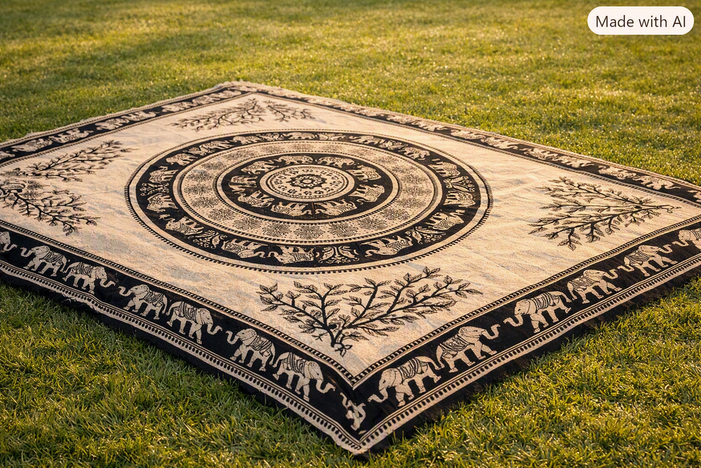 Tapiz / Manta Multiusos "KIRAN" – Tigres, Elefantes & Árbol de la Vida en Blanco y Negro