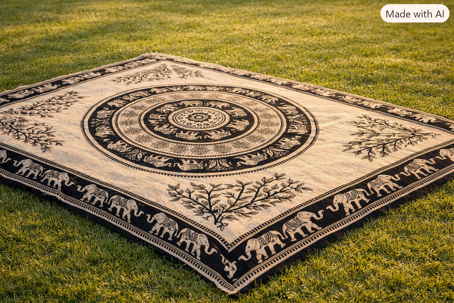 Tapiz / Manta Multiusos "KIRAN" – Tigres, Elefantes & Árbol de la Vida en Blanco y Negro