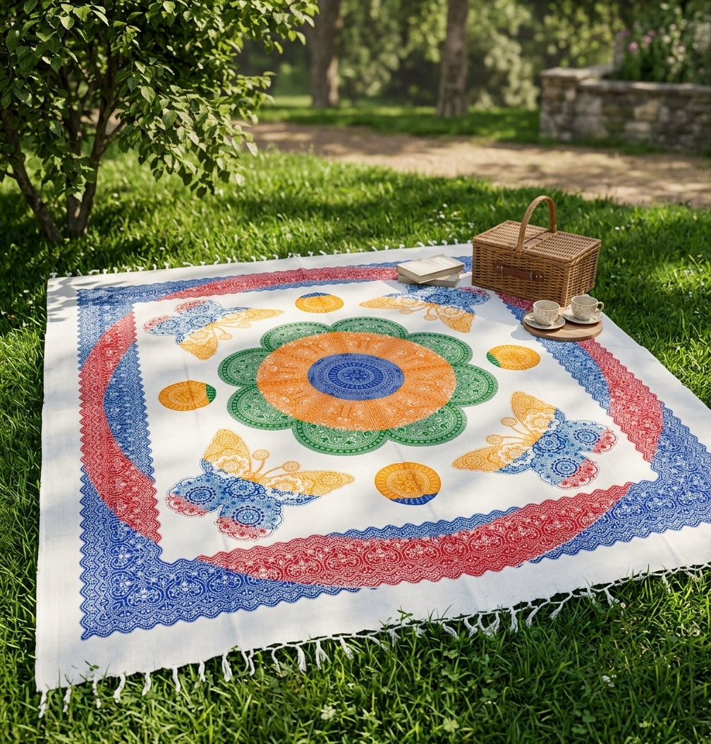 Tapiz / Manta Multiusos "KAVA" – Diseño Étnico Multicolor de Mariposas & Mandala Flor