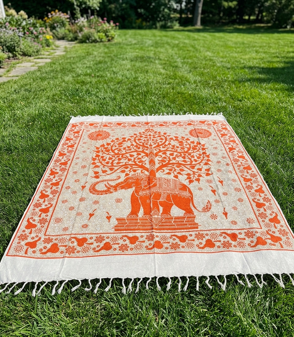 Tapiz / Manta Multiusos "TANVI"– Árbol de la Vida con Elefante Étnico y Flecos en Terracota