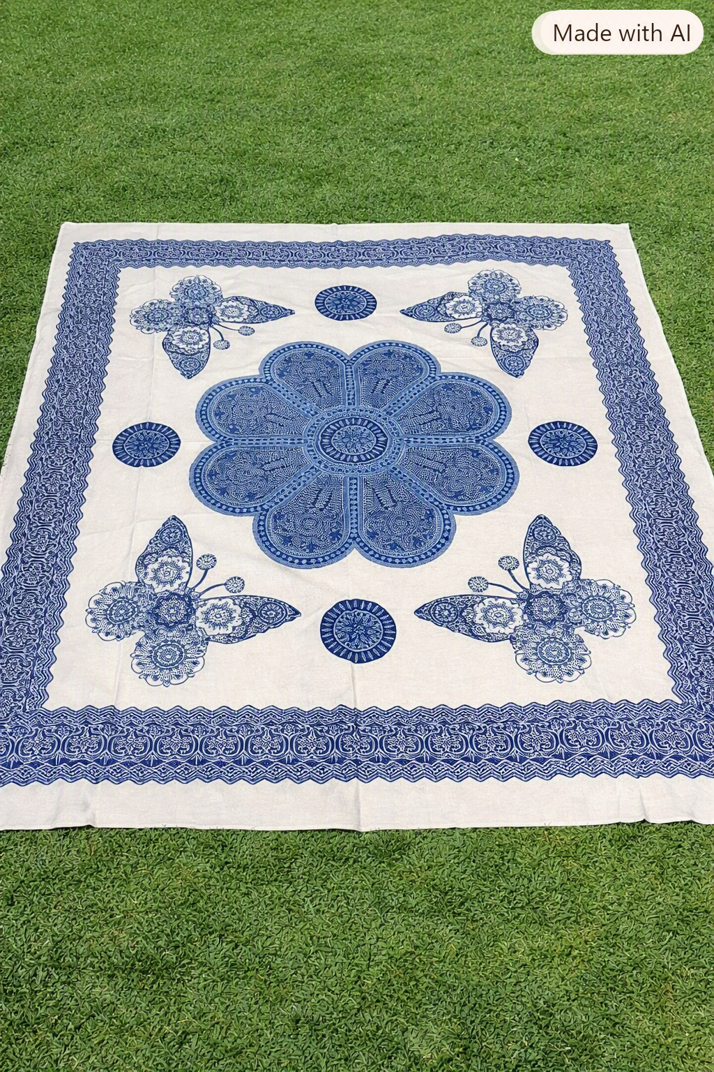 Tapiz / Manta Multiusos "ISHANI" – Diseño Étnico de Mariposas & Mandala Flor en Azul Índigo