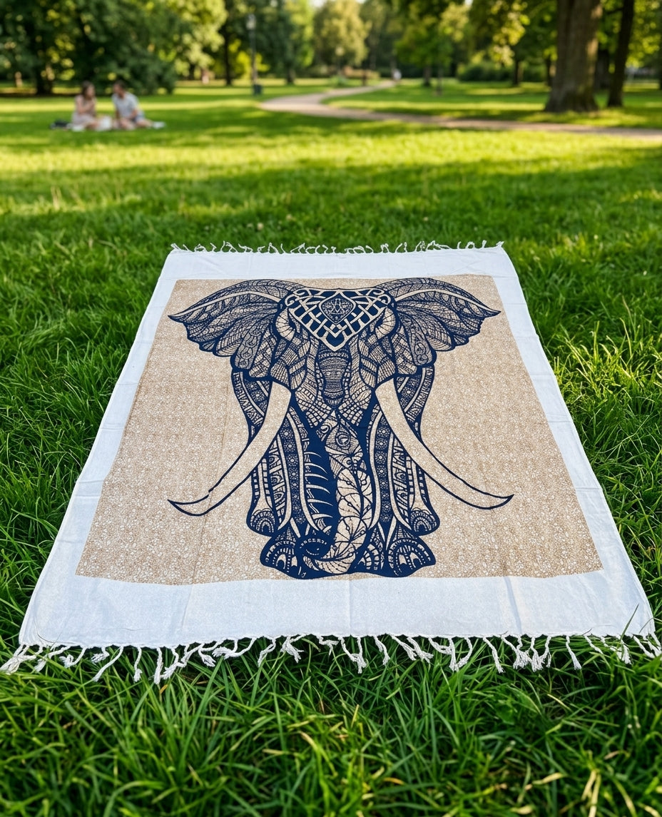 Tapiz Elefante Kavi – Manta Multiusos Étnica con Cabeza de Elefante Tribal y Flecos (Algodón 100%)