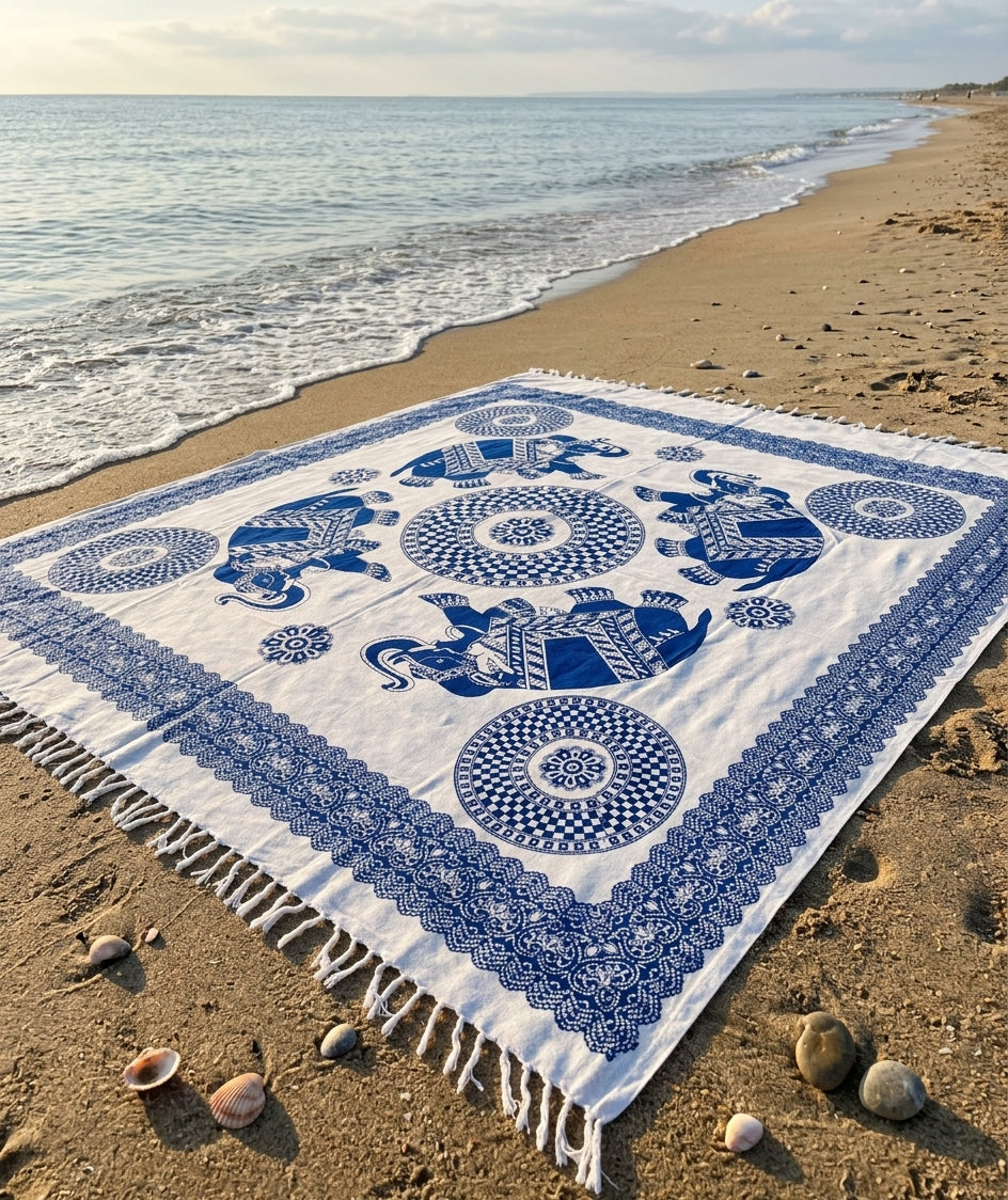 Mandala Elefantes Reales Devi – Mandala Gigante de Algodón de India con Flecos (2.10 x 2.40 m)