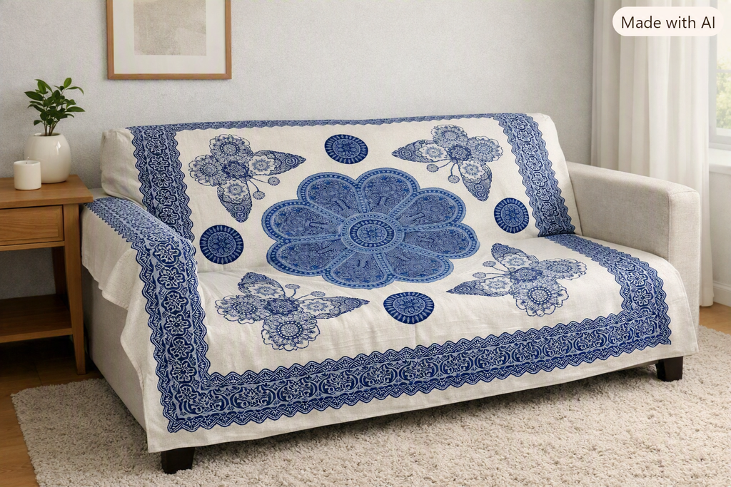 Tapiz / Manta Multiusos "ISHANI" – Diseño Étnico de Mariposas & Mandala Flor en Azul Índigo