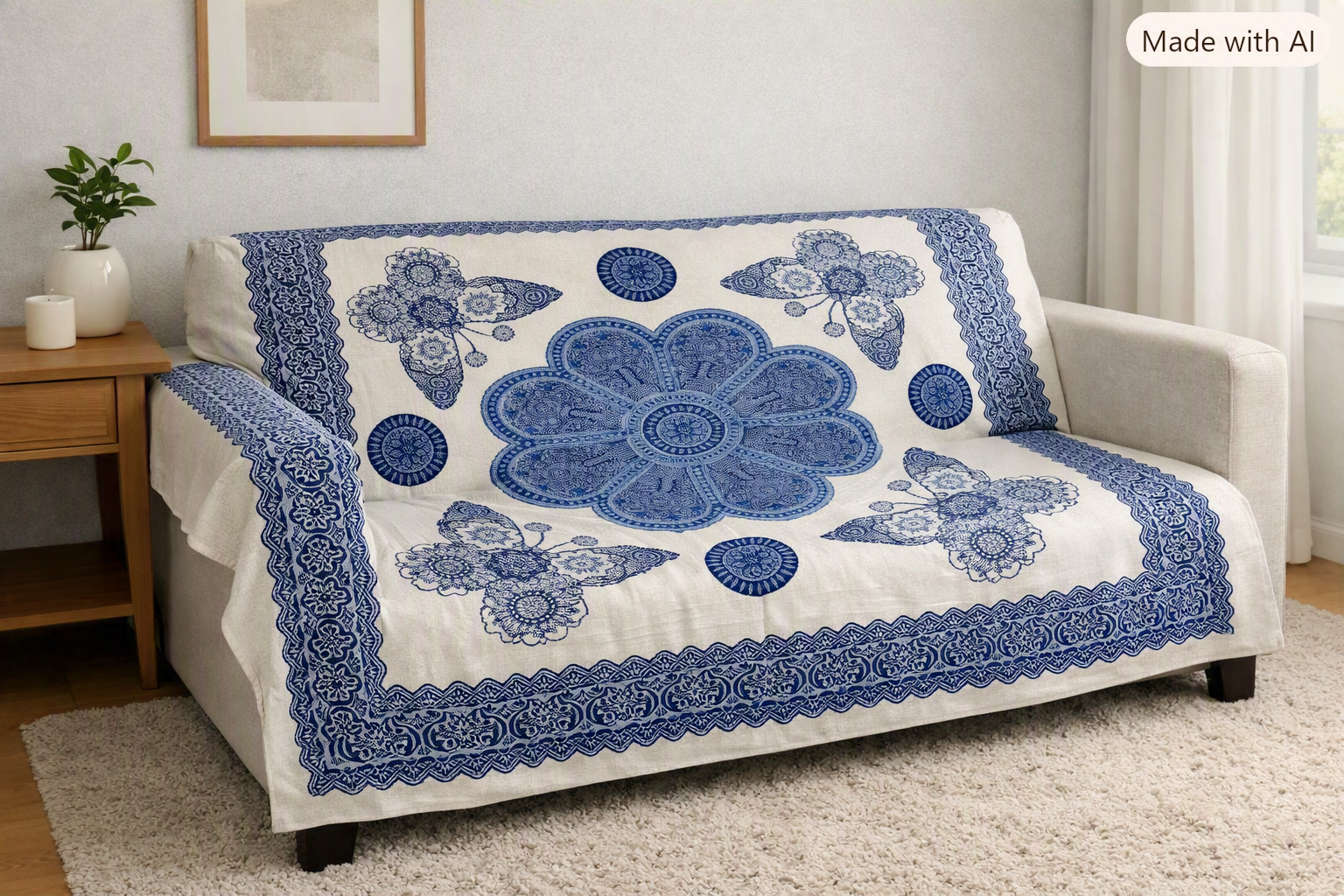 Tapiz / Manta Multiusos "ISHANI" – Diseño Étnico de Mariposas & Mandala Flor en Azul Índigo