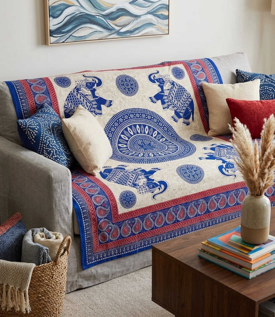 Tapiz / Manta Multiusos "MAYA" – Elefantes Reales, Chakra Mandala & Cenefa Paisley en Azul y Rojo