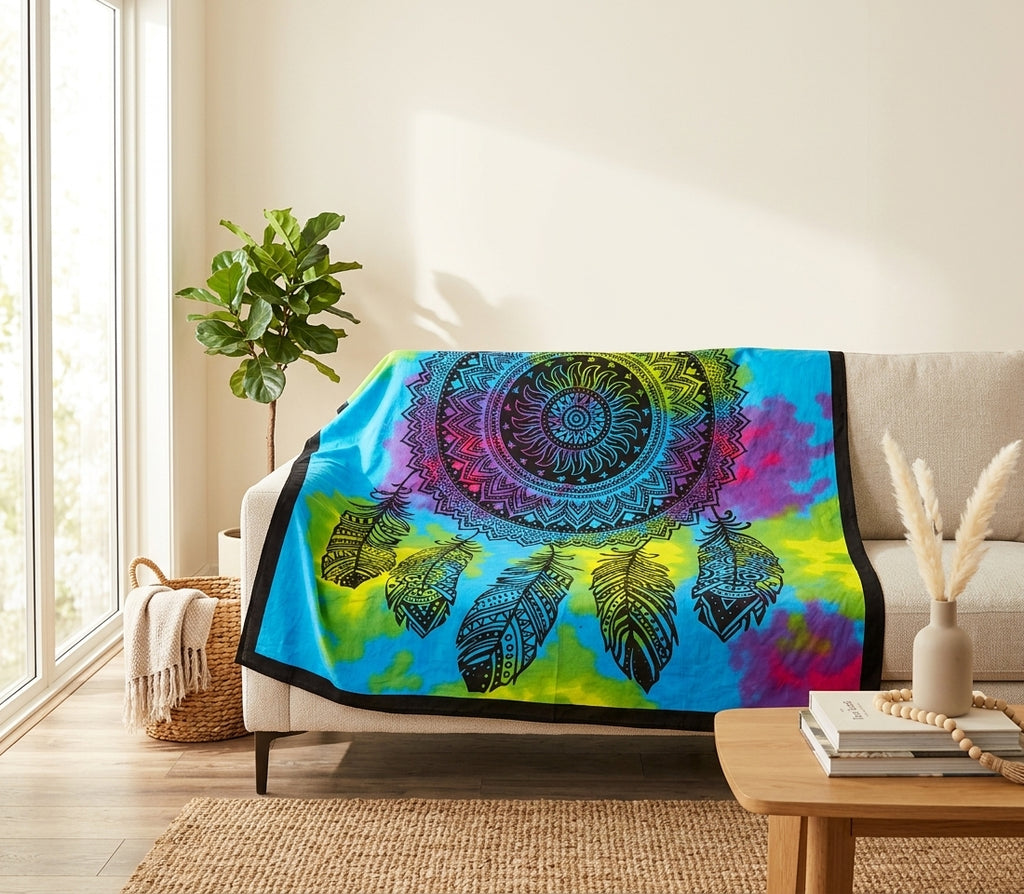 Tapiz / Manta Multiusos "ATRAPASUEÑOS PSYCHEDELIC" – Mandala Atrapasueños & Plumas Étnicas con Fondo Tie-Dye Multicolor