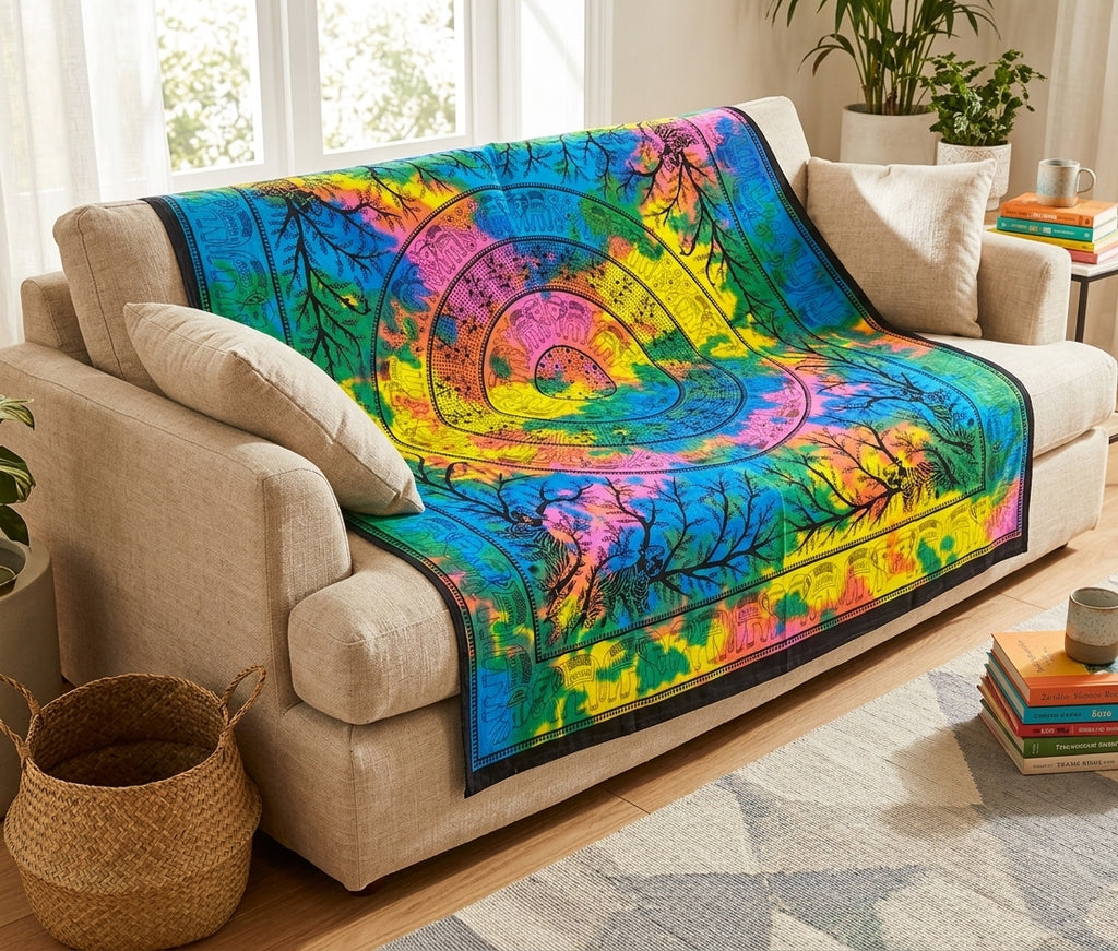 Tapiz Mandala Étnico de Algodón – Rama de Árbol, Tigres y Elefantes Tie-Dye (Multicolor)
