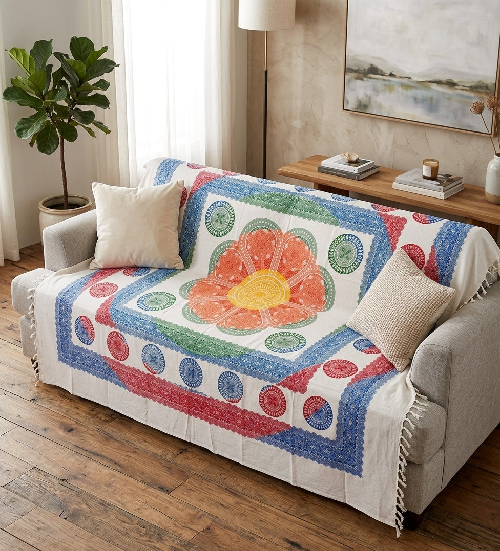 Tapiz Mandala Dhyana – Manta Multiusos India con Flor de Loto y Flecos (Algodón 100%)