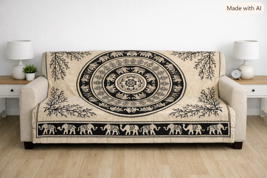 Tapiz / Manta Multiusos "KIRAN" – Tigres, Elefantes & Árbol de la Vida en Blanco y Negro