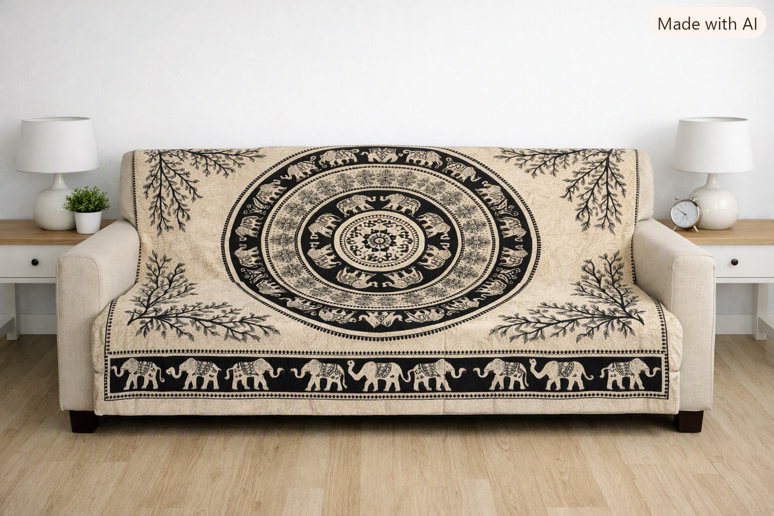 Tapiz / Manta Multiusos "KIRAN" – Tigres, Elefantes & Árbol de la Vida en Blanco y Negro