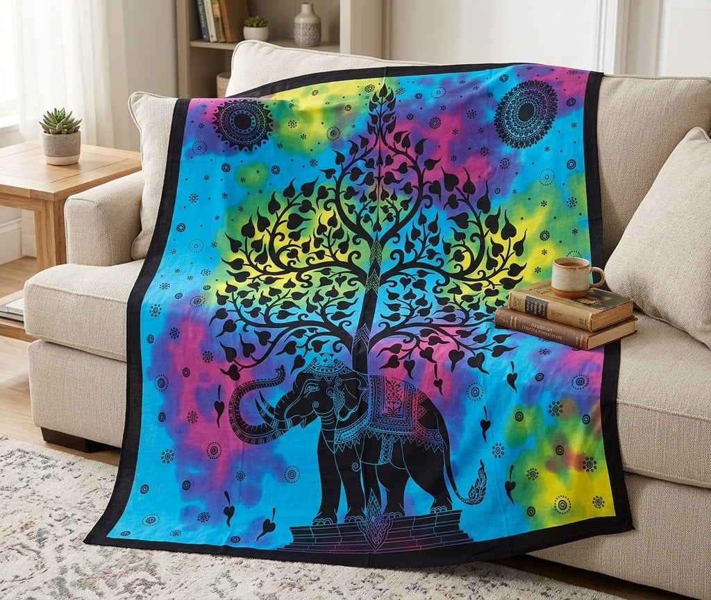 Tapiz Mandala de Algodón – Elefante Sagrado y Árbol de la Vida Tie-Dye (Multicolor)