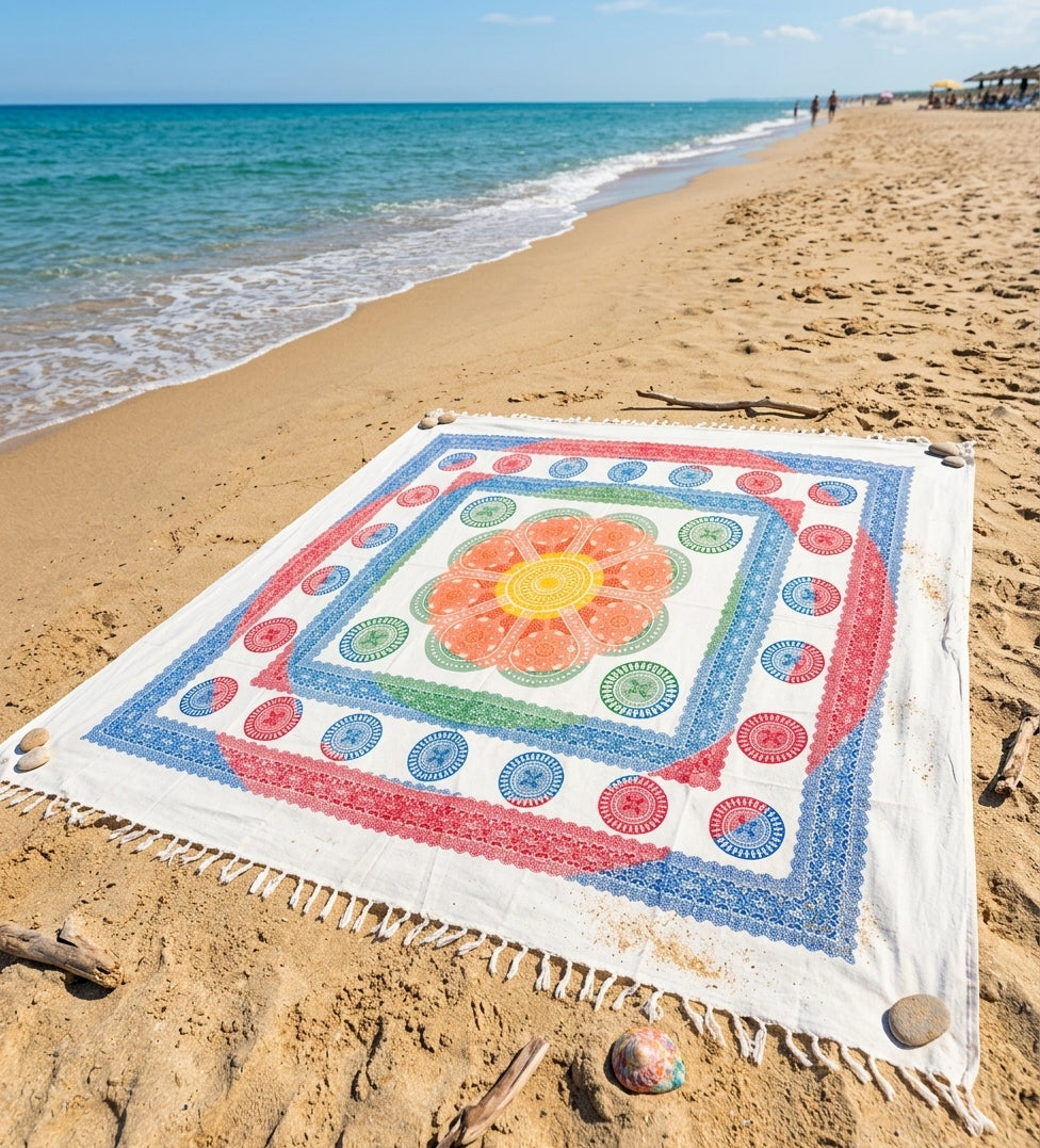 Tapiz Mandala Dhyana – Manta Multiusos India con Flor de Loto y Flecos (Algodón 100%)