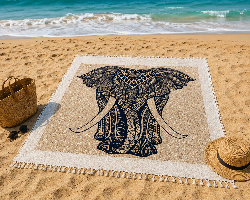 Tapiz Elefante Kavi – Manta Multiusos Étnica con Cabeza de Elefante Tribal y Flecos (Algodón 100%)