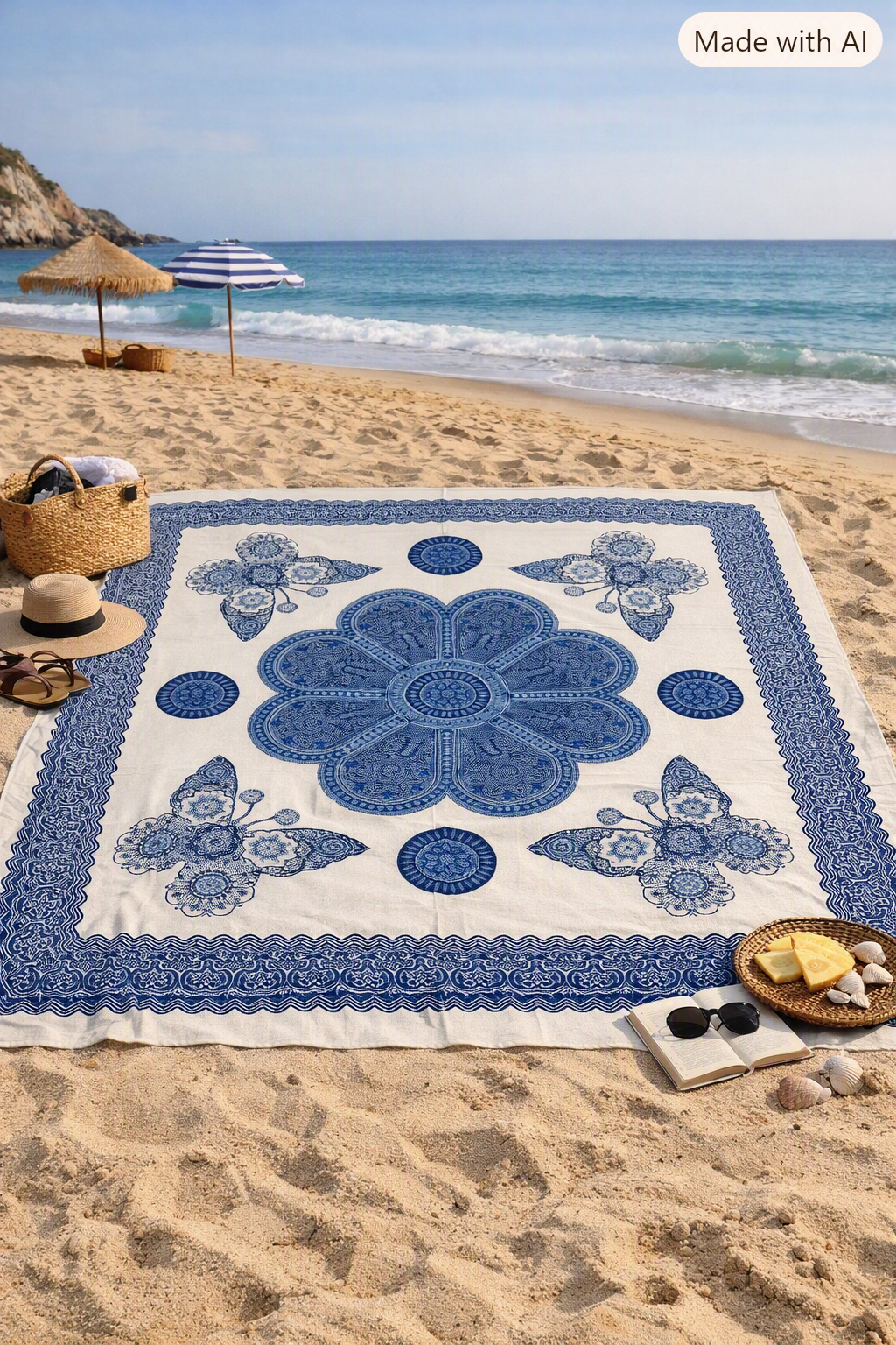 Tapiz / Manta Multiusos "ISHANI" – Diseño Étnico de Mariposas & Mandala Flor en Azul Índigo