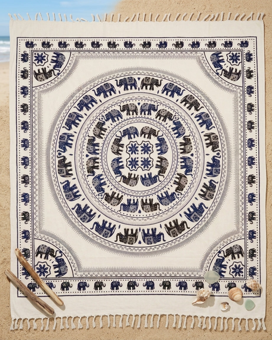 Tapiz / Manta Multiusos "LALITA" – Elefantes Sagrados, Flores & Flecos en Azul Marino y Blanco