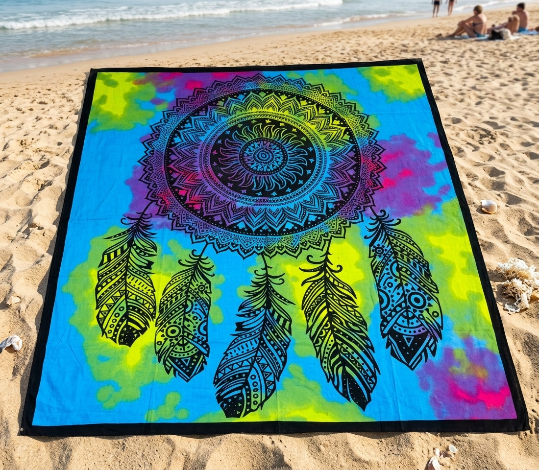 Tapiz / Manta Multiusos "ATRAPASUEÑOS PSYCHEDELIC" – Mandala Atrapasueños & Plumas Étnicas con Fondo Tie-Dye Multicolor