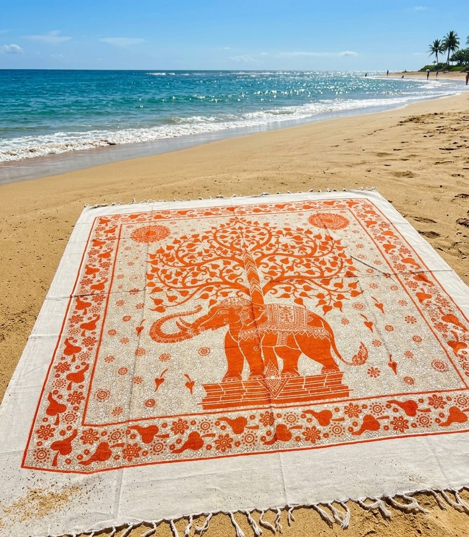 Tapiz / Manta Multiusos "TANVI"– Árbol de la Vida con Elefante Étnico y Flecos en Terracota
