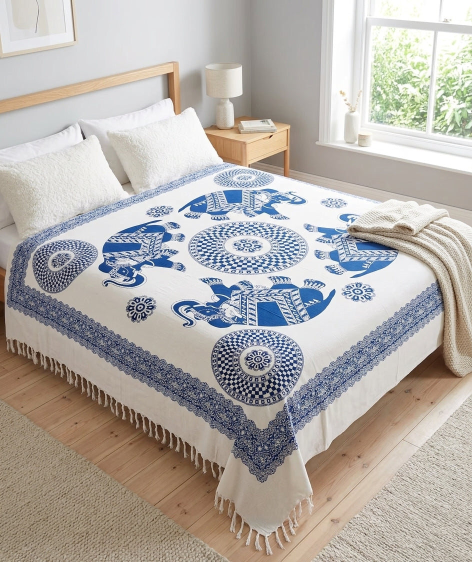 Mandala Elefantes Reales Devi – Mandala Gigante de Algodón de India con Flecos (2.10 x 2.40 m)