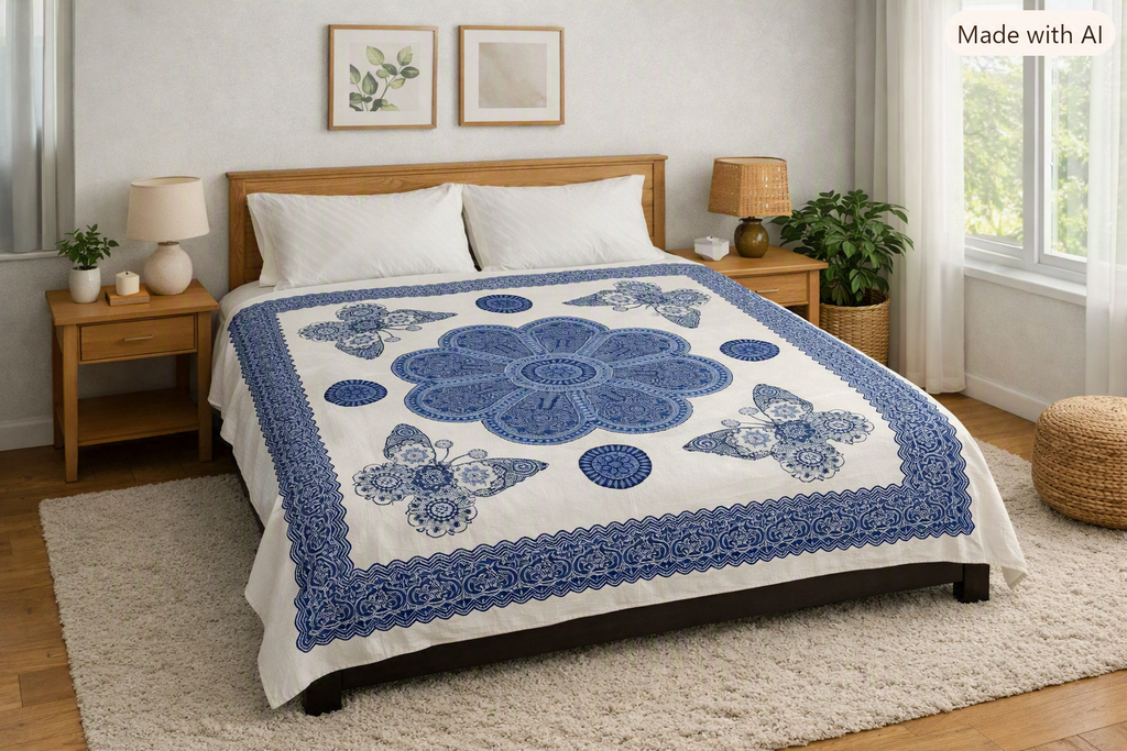 Tapiz / Manta Multiusos "ISHANI" – Diseño Étnico de Mariposas & Mandala Flor en Azul Índigo