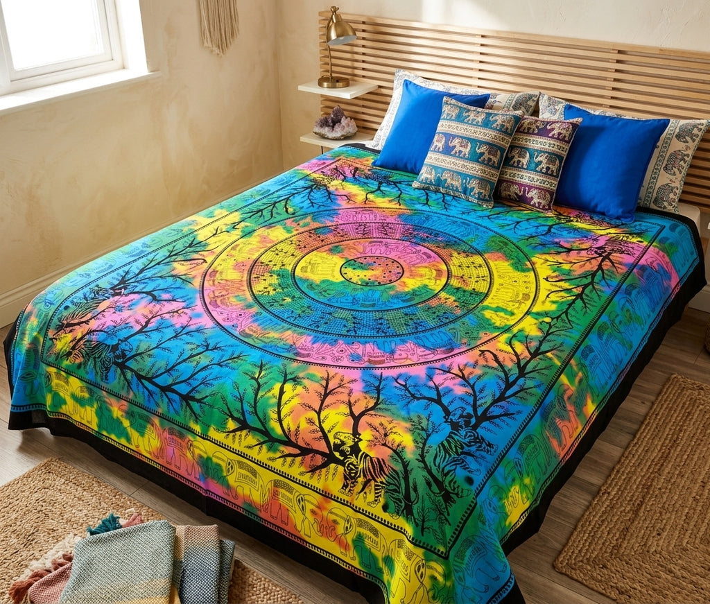 Tapiz Mandala Étnico de Algodón – Rama de Árbol, Tigres y Elefantes Tie-Dye (Multicolor)