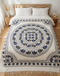 Tapiz / Manta Multiusos "LALITA" – Elefantes Sagrados, Flores & Flecos en Azul Marino y Blanco